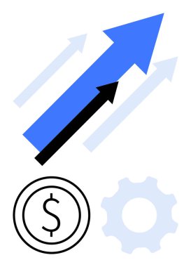 Dolar işaretli yukarı mavi ve siyah oklar ve finansal büyümeyi, karı ve performans optimizasyonunu temsil eden bir dişli. İş, finans, ekonomi, teknoloji, üretkenlik ve girişim için ideal