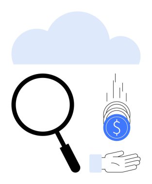 Büyüteç üzerinde bulut grafiği ve uzanan ele doğru düşen paralar. Teknoloji, iş analizleri, bulut hesaplama, çevrimiçi gelir, finansal yönetim, yenilik, basit