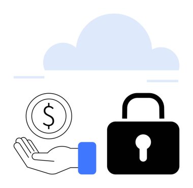 Elinin üstünde bulut var. Madeni parayı tutuyor ve kilit altında tutuyor. Finansal güvenliği simgeliyor. Fintech, veri koruması, bulut hizmetleri, çevrimiçi bankacılık, siber güvenlik, ödeme çözümleri, basit iniş için ideal