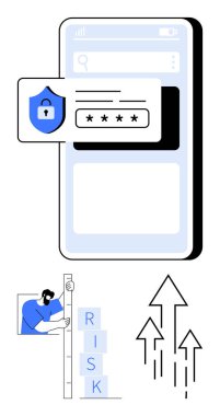 Asma kilit ve şifre girişi olan mobil ekran, risk bloklarını analiz eden kişi, büyümeyi gösteren oklar. Siber güvenlik, veri koruması, İnternet güvenliği, büyüme, risk yönetimi, şifre