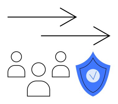 Oklu veri hareketinin soyut tasviri, kullanıcı simgeleri ve işaretli güvenli bir kalkan. Siber güvenlik, dijital mahremiyet, veri transferi, kullanıcı güvenliği, takım çalışması, iş için ideal