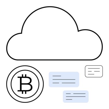 Bitcoin simgesi üzerindeki bulut ögesi ve veri kartları kripto para deposu, engelleme zinciri ve ademi merkeziyeti temsil ediyor. Fintech, engelleme zinciri, veri değişimi, sanal ekonomi ve bulut hesaplama için ideal