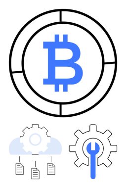 Bölümlü dairede Bitcoin logosu, dosyalarla bulut veri depolama, ingiliz anahtarını temsil eden teçhizat. Kripto para birimi, engelleme zinciri, fintech, yenilik, bilişim çözümleri, ağ kurulumu için ideal