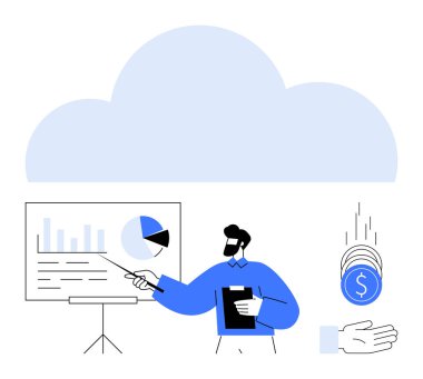 Sunucu grafiği ve turta grafiği ile grafiği gösteriyor, dolar işareti ile yüzen paralar, bulut arkaplanı. Finans, iş büyümesi, bulut hesaplaması, sunum, ekonomi ve analitik için ideal