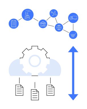 Endüstriyel, lojistik simgeleri birbirine bağlayan bulutlar, oklarla aşağıdaki belgeler. Otomasyon, iş akışı, bağlantı, lojistik, veri yönetimi, optimizasyon dijital dönüşüm için ideal