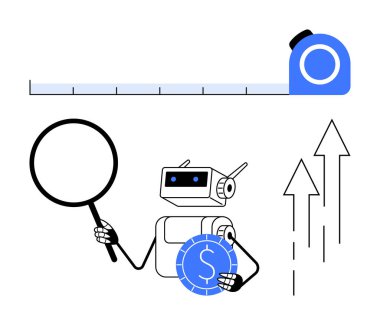 Robot finansal eğilimleri büyüteç, mezura, yukarı doğru ok ve sikkeyle inceliyor. Teknoloji, finans, analitik, araştırma yeniliği yatırım otomasyonu için idealdir. Düz basit metafor