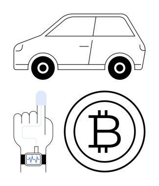Taşımayı simgeleyen araba simgesi kripto para birimi için bitcoin işareti ve işaret parmağında giyilebilir sağlık aleti. Finans, teknoloji, yenilik, sağlık, hareketlilik engelleme verileri için idealdir. Düz