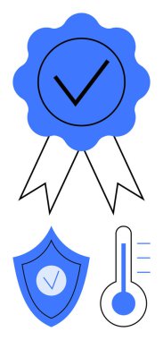 İşaretli mavi kurdele, kalkan amblemi ve termometre göstergesi simgesi. Standart uyum, garanti rozeti, ürün kalitesi, güvenilirlik, güvenlik protokolleri, akreditasyon sade iniş için ideal