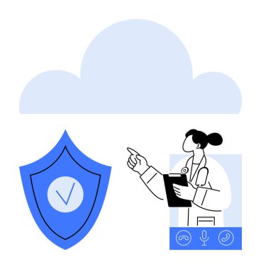 Güvenli bulut sistemiyle çevrimiçi sağlık hizmetleri uzmanı danışmanlık, koruma için kalkan sembolü. Teletıp, siber güvenlik, sağlık teknolojisi, çevrimiçi güvenlik, dijital sağlık için ideal