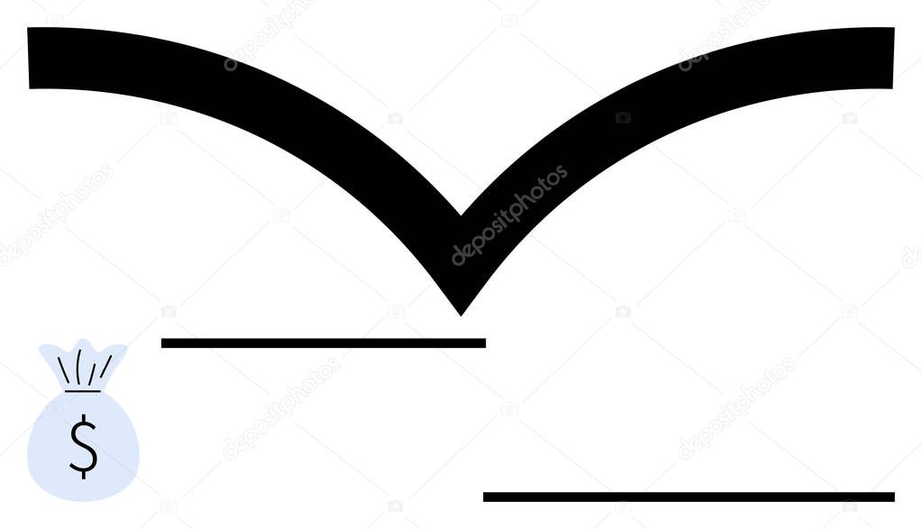 Abstract symbol with bold black curve above a small money bag and horizontal lines. Ideal for finance, savings, investment, wealth management, branding, minimalist concepts, simple landing page