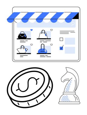 Çevrimiçi alışveriş platformunda el çantası seçenekleri, maddi bağlam için bir madeni para ve strateji için bir satranç şövalyesi bulunuyor. Perakende, strateji, e-ticaret, finans, karar verme, pazarlama içeriği için ideal