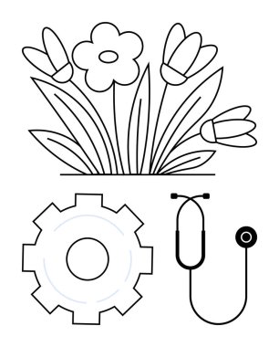 Çiçekler çiçek açıyor, mekanik ekipmanlar ve steteskop yaşamı, yeniliği ve refahı simgeliyor. Doğa, teknoloji, sağlık, bilim mühendisliği sürdürülebilirlik için ideal basit iniş sayfası
