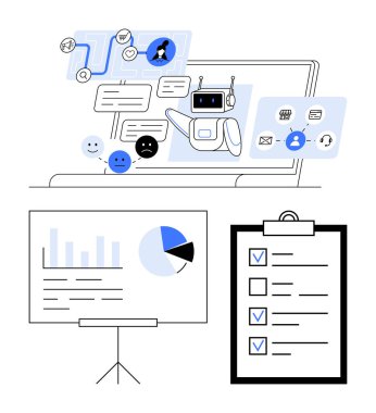 Sohbet robotlu dizüstü bilgisayar ve mesajlar stantta pasta grafiği, panoda kontrol listesi. Müşteri desteği, yapay zeka, analitik, iletişim, verimlilik, basit iniş sayfası için ideal