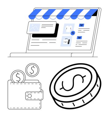 Bilgisayarda dijital mağaza önü, cüzdanda da ödemeleri gösteren madeni paralar var. E-ticaret, alışveriş, çevrimiçi işlemler, ödeme yöntemleri, dijital ekonomi, perakende satış, basit iniş için ideal