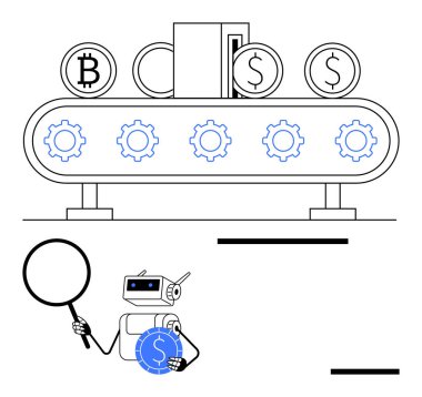 Bitcoin 'li taşıyıcı, bozuk paralar, dönen dişliler, büyüteçle bozuk parayı inceleyen robot. Teknoloji, otomasyon, kripto para birimi, finansal engelleme yenilik analizi için ideal. Düz