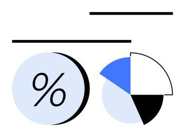 Mavi, siyah ve beyaz kesitlere bölünmüş bir turta grafiğinin yanındaki daire içinde yüzde işareti. Veri analizi, finans, raporlama, araştırma, istatistik ve strateji için ideal