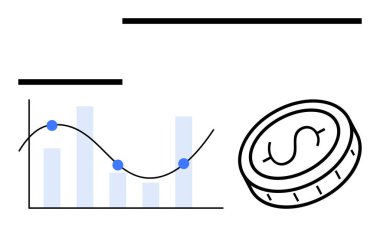 Trend çizgisi olan bar çizelgesi ve dolar işaretli madeni paranın yanında çizim noktaları. Finans, ekonomi, veri analizi, yatırım, pazar eğilimi, bankacılık, basit iniş sayfası için ideal