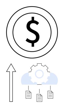 Bulutların içindeki çember içindeki dolar işareti, çizgilerle birbirine bağlı dosyalar, yakınlardaki yukarı doğru ok, finans, yenilik, bulut hesaplama, büyüme, veri yönetimi dijital başarısının birleşimi. Düz