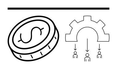 Bir dolar işareti olan bir bozuk para, üç kişiye ok atan bir vites. Ekonomi, finans, takım çalışması, süreç optimizasyonu, kaynak dağılımı, iş stratejisi, basit iniş sayfası için ideal