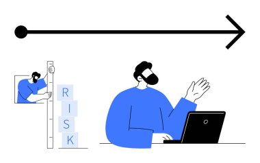 Dizüstü bilgisayardaki adam büyüme okuna doğru hareket ederken, diğeri istiflenmiş blokları kullanarak risk ölçüyor. İş için ideal, analiz, karar verme, planlama, strateji, büyüme izleme, basit iniş