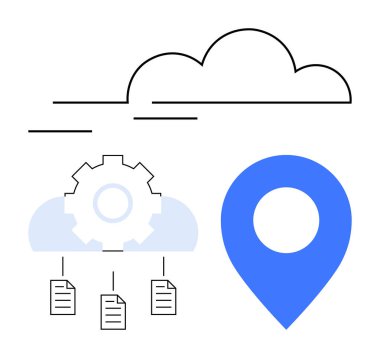 Veri depolama, paylaşma ve coğrafi konumlandırma için merkezi ekipman işleme dosyaları olan bir bulut. Teknoloji, yenilik, süreç, ağ konum veri organizasyonu için idealdir. Temiz düz basit metafor