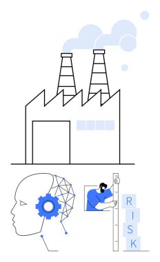 Bacalı fabrika, yapay zeka ile çalışan insan beyni sunumu, risk bloklarını analiz eden kişi. Üretim için ideal, otomasyon, yapay zeka, teknoloji, veri yönetimi, risk analizi basit iniş sayfası