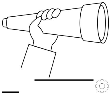 El teleskopu görüş ve odaklanmayı gösteriyor. Vites sembolü ilerleme ve yenilik bağlamını ekler. Strateji, keşif, liderlik, planlama, öngörü, keşif, basit iniş sayfası için ideal