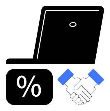 Laptop silueti, yüzde sembolü ve dijital işi, mali işlemleri, ortaklıkları, çevrimiçi işbirliğini, uzaktan anlaşmaları, danışmanlık ve başarıyı sembolize eden el sıkışma. Düz basit