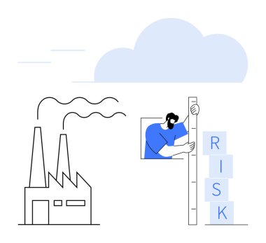 Duman yayan fabrika bacaları, yüksek ölçekli RISK blokları ayarlayan bir işçi. Endüstri, güvenlik, çevre bilinci, risk değerlendirmesi, sürdürülebilirlik, sorumluluk, basit