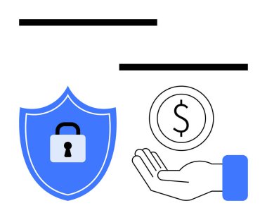 Kilitli bir kalkan, mali güvenliği, güvenliği ve güveni simgeleyen bir madeni para. Finans, bankacılık, güvenlik, tasarruf, dijital koruma sigortası basit iniş sayfası için ideal