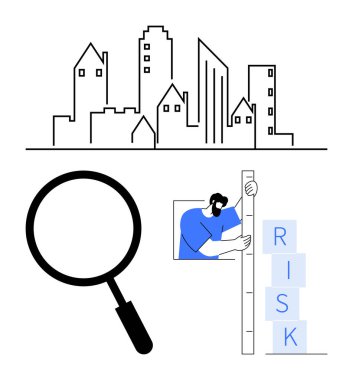 Büyüteç, şehrin ufuk çizgisi uzmanını analiz ediyor. Blok ve ölçü ölçeklerini kullanarak riski değerlendiriyor. Analiz, kentsel planlama, risk yönetimi, değerlendirme, veri, iş stratejisi için ideal, basit