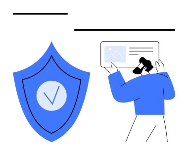 Kalkan güvenlik ve güveni temsil ederken profesyonel dijital medya analizi. Siber güvenlik, veri koruması, mahremiyet, dijital güvenlik, güvenli sistemler, dijital güven, basit iniş sayfası için ideal