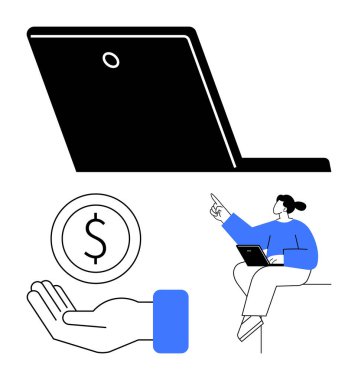 Dizüstü bilgisayarı olan, dizüstü bilgisayarı açık, eli bozuk parayla oturan bir kadın. Mali danışmanlık, e-ticaret, yatırım, teknoloji, iş büyümesi için ideal, uzaktan çalışma sade iniş sayfası