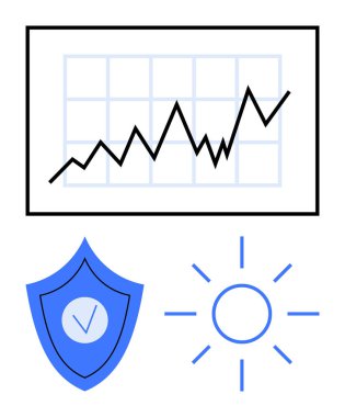 Büyümeyi gösteren çizgi grafiği, güvenlik işaretli mavi kalkan ve pozitifliği temsil eden güneş. Başarı takibi, iş büyümesi, güvenlik, finans, iyimserlik ve teknoloji için ideal
