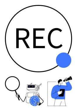 Keşif araçları, para ikonlu CCTV, büyüteç ve teleskopla izleyen bir kişi ile çevrili büyük ölçekli REC. İzleme, izleme, analiz, finans, gelecek planlama için ideal