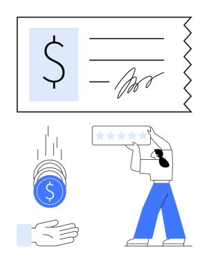 İmzalı makbuz, el ele tutulan bozuk paralar, derecelendirme kurulu. Finans, ödeme, hizmet kalitesi, geri bildirim, inceleme yönetimi, müşteri tecrübesi için idealdir