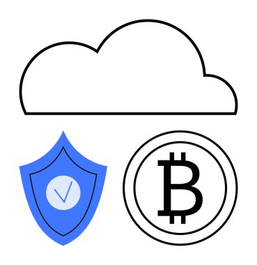 Bulut, işaretli kalkan, Bitcoin simgesi. Teknoloji, kripto para birimi, engelleme zinciri, dijital güvenlik, finansal uygulamalar, bulut hesaplama girişimleri için idealdir. Basit bir iniş sayfası için mükemmel
