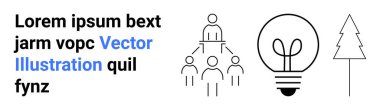 Takım çalışması ve yaratıcılık üzerine yazılar hiyerarşi diyagramı, parlayan ampul ve ağaç çizgisi ile eşleştirildi. Liderlik için ideal, yenilik, sürdürülebilirlik, takım çalışması, yaratıcılık, organizasyon için basit