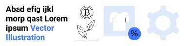 Bitcoin bir bitki gibi büyüyor, indirimli yüzde işareti olan tişört, verimlilik ve yenilik gösteren vites. Finans, e-ticaret, perakende, pazarlama, teknoloji, strateji için ideal