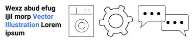 Ev aletlerini temsil eden çamaşır makinesi, ayarları sembolize eden dişli, iletişim için konuşma baloncukları. Teknoloji, temizlik, otomasyon, sohbet, takım çalışması, kullanıcı arayüzü için ideal basit
