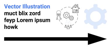 Kara ok yön ve ilerlemeyi simgeler, teçhizat, insan figürleri, ev ve bağlam için anahtar grafiklerle birlikte. İş, takım çalışması, ilerleme, mülkiyet teknolojisi navigasyonu için ideal