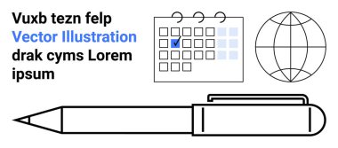 Vurgulanmış bir tarih ve küre ile ızgara stili takvimin yanındaki kalem. Yer tutucu metin içerik ekler. Planlama, programlama, yazma, eğitim, seyahat, organizasyon, basit iniş sayfası için ideal