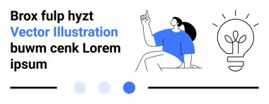 Oturan ve yukarı doğru işaret eden kadın, yaratıcılığı sembolize eden ampul, metin elementleriyle soyut düzen. Yenilik için ideal, yaratıcılık, beyin fırtınası, tasarım, ilham, eğitim için basit