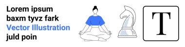 Meditasyon pozunda oturan kadın, satranç şövalyesi, soyut metin ve tipografi bloğu yaratıcılığı, farkındalığı, stratejiyi, tasarımı, eğitimi, markalaşmayı ve sade iniş sayfasını öneriyor