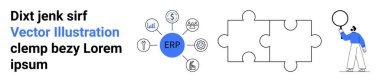 Bağlantı sembollerinin merkezinde ERP, iki yapboz parçası ve balon tutan bir kişi. Teknoloji, bağlantı, işbirliği, problem çözme, planlama, iş çözümleri için ideal basit