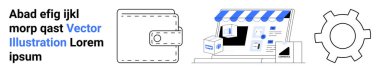Cüzdan, web mağazası önü ve vites işaretleri online alışveriş, dijital ödemeler ve teknoloji entegrasyonu. E-ticaret, finans, yenilik, platformlar çevrimiçi araçlar için ideal basit iniş işlemleri