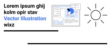 Pasta grafiği, çizgi grafiği ve kullanıcı arayüzü elemanlarıyla analitik gösterge paneli. Güneş ikonu parlaklığı sembolize eder. Analiz, web tasarımı, iş, strateji, veri görselleştirme yenilikleri için ideal