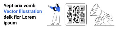 QR koduna doğru hareket eden bir kadın, megafon sembolü sosyal yardım ve pazarlamayı temsil ediyor. Teknoloji, promosyon, markalaşma, iletişim, reklam, eğitim, basit iniş sayfası için ideal