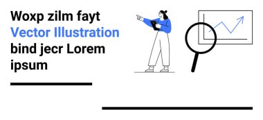 Elinde tabletle ayakta duran kadın büyüteç altında büyüme tablosunu gösteriyor. Veri analizi, araştırma, sunumlar, iş görüşleri, öğrenme, finansal genel bakış, basit