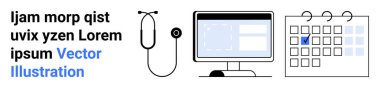Stetoskop, bilgisayar monitörü ve tarihli takvim sağlık araçları ve programlama ile görsel olarak bağlandı. Teletıp, randevu planlama, sağlık uygulamaları, iş akışı, organizasyon için ideal